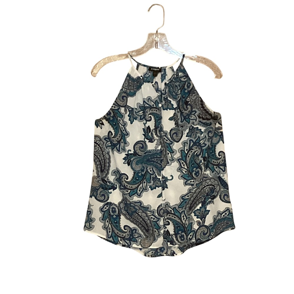 Express Halter Top Womens Medium Blue Boho Paisley Button Front Sleeveless Airy